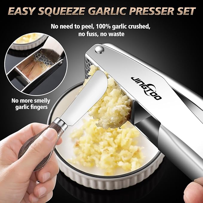 JINGTOO Garlic Press Stainless Steel, Premium Garlic Mincer No Need to Peel