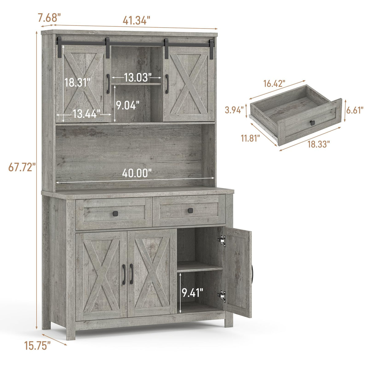 Befrases 67.7 Inch Farmhouse Pantry Storage Cabinet with Sliding Barn Doors, 2 Drawer Farmhouse Coffee Cabinet with Adjustable Shelf, Side Board with Buffet Cupboard Livingroom Kitchen, Grey