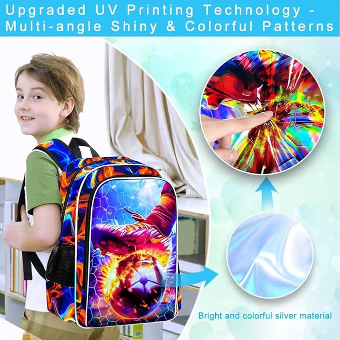 KLFVB 3PCS Boys Bookbag, 17" Kids Football Backpack and Lunch Box, Water Resistant Teenagers School Backpacks for Middle Elementary - Strike Fire Soccer