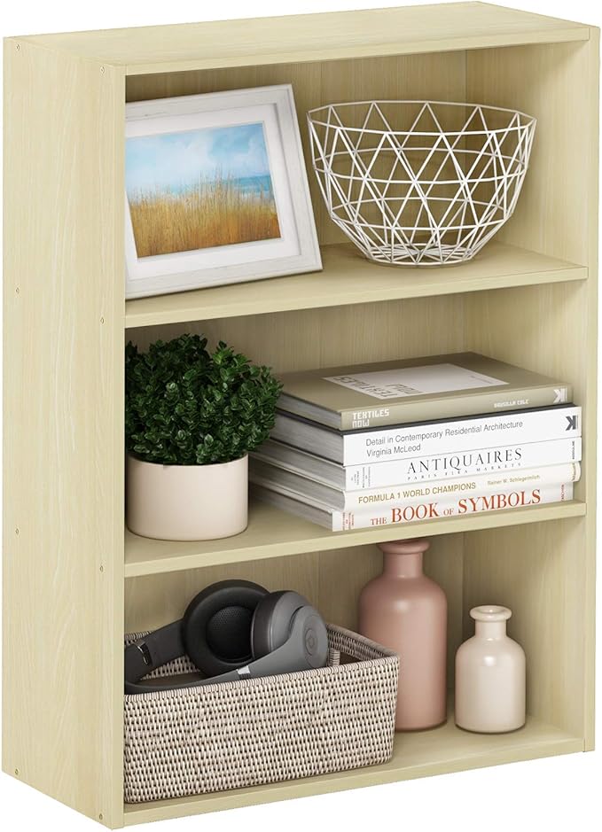 Furinno PASIR Book Shelf, 3-Tier Bookshelf, Storage Shelves Bookcase, 9.7 x 23.7 x 31.5, for Living Room, Bedroom, Home Office, Steam Beech