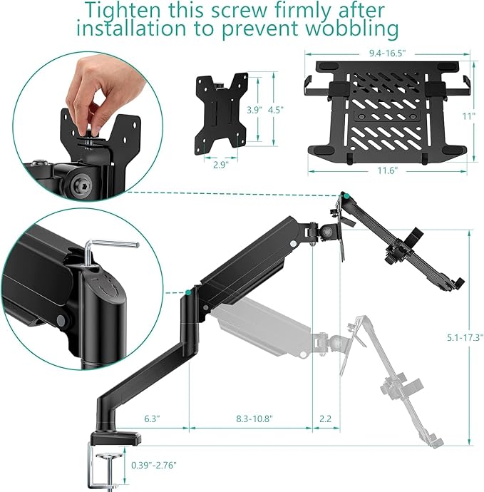 WALI Single Arm Laptop and Monitor Desk Mount for 17" Notebook and Up to 32" Screen, 2-in-1 Adjustable Gas Spring Monitor Arm with Laptop Tray, VESA 75x75 100x100,Holds 22-26.4 lbs, Black (GSMP001NLP)