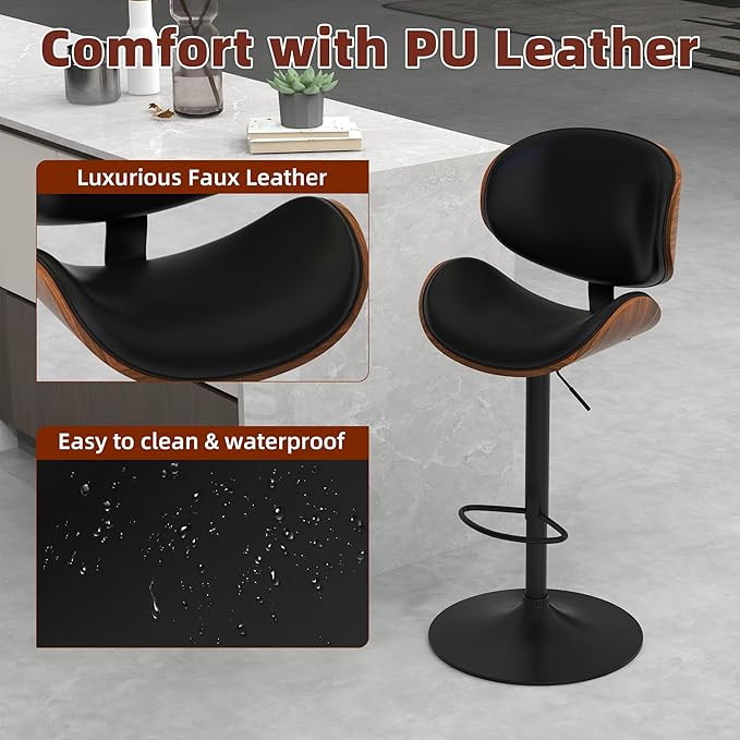 civama Bar Stools 1 PC for Kitchen Counter, Adjustable Bar Height Chairs, Modern Swivel Barstools with Bentwood Seat and Back with Footrest for Kitchen Island, Dining Room, Black PU Leather