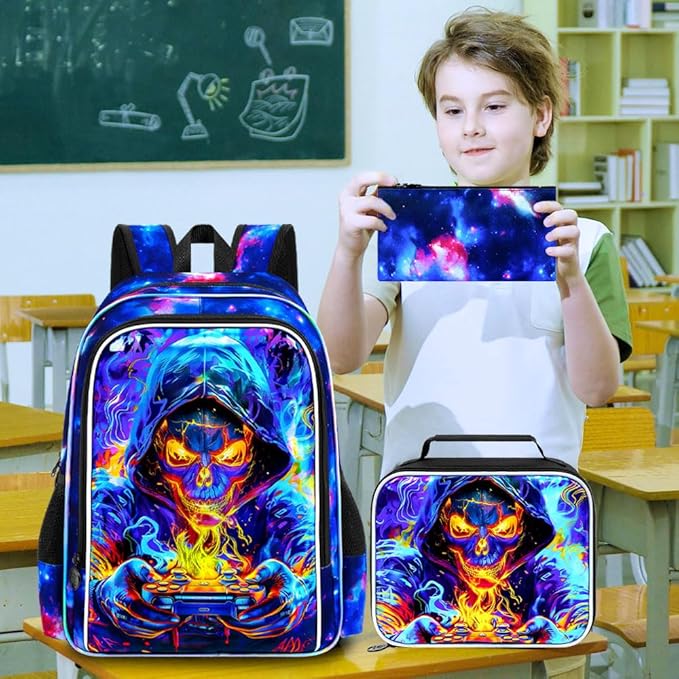 KLFVB 3PCS Bookbag for Boys, 17" Kids Gaming School Backpack and Lunch Box, Water Resistant Backpack for Teenagers Middle Elementary - Skull Game