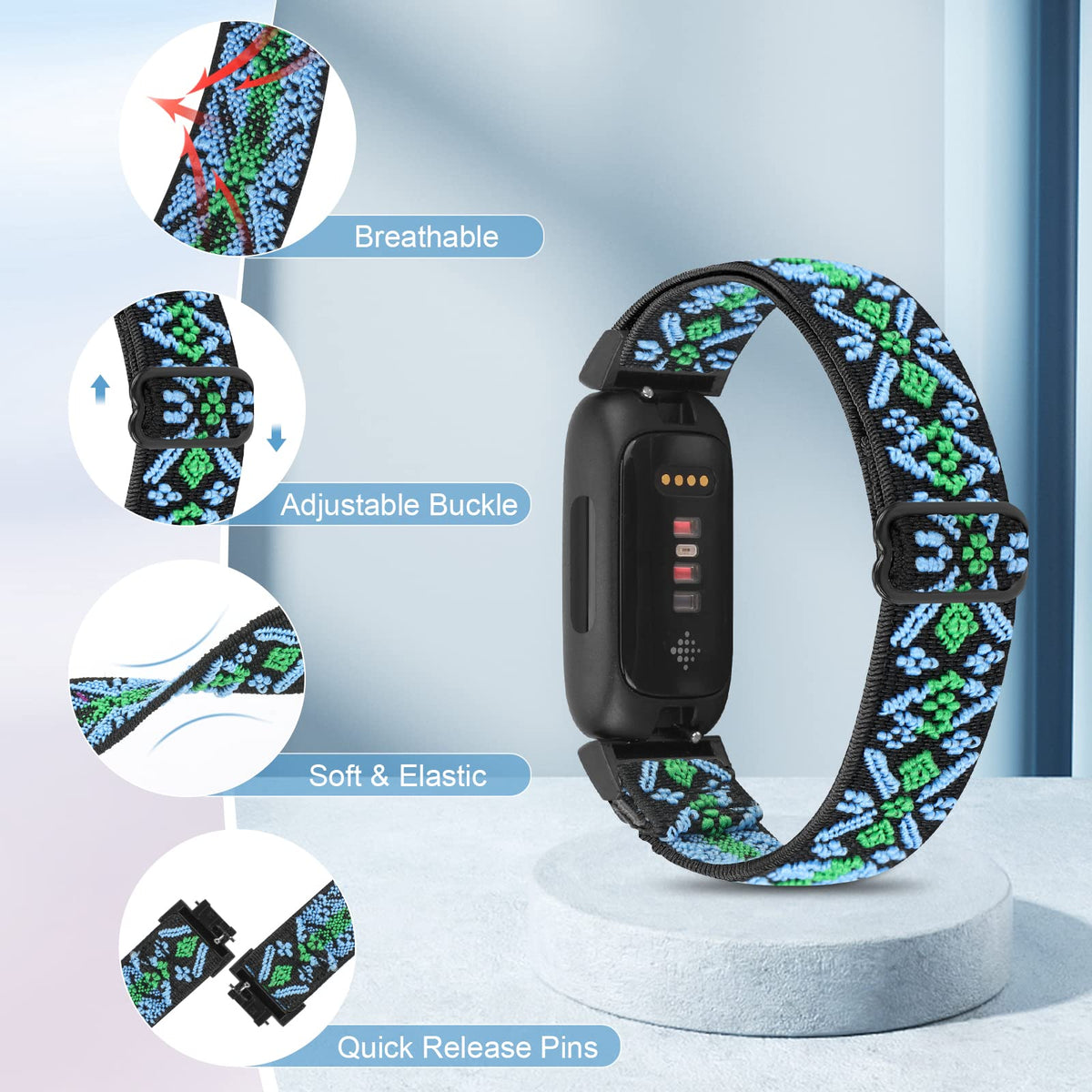 Vodtian 4 Pack Bands Compatible with Fitbit Inspire 3/Inspire 2/Inspire/Inspire HR/Ace 3/Ace 2 Band, Elastic Adjustable Nylon Loop Straps Replacement Sport Stretchy Wristband for Women Men