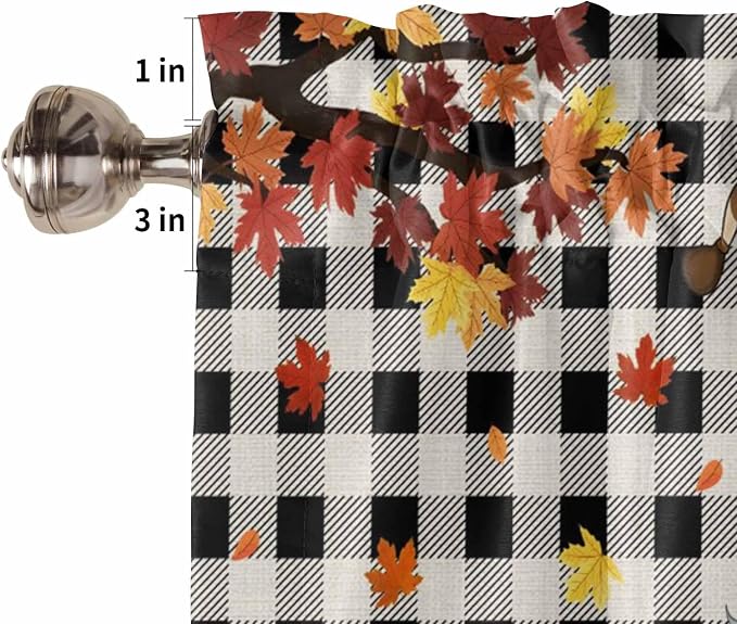 Thanksgiving Gnomes Kitchen Curtain Set, Fallen Maple Leaf Pumpkin Black Plaid