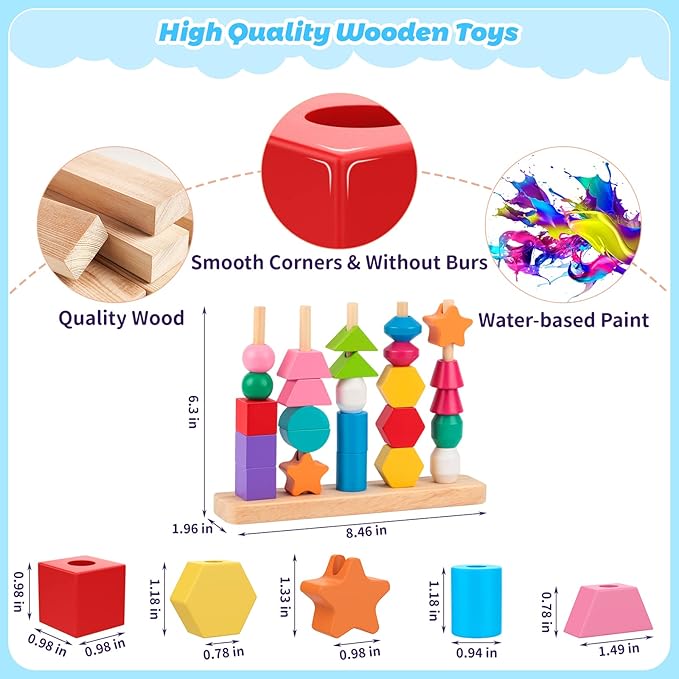 Montessori Wooden Beads Sequencing Toy Set, Stacking Blocks & Lacing Beads & Matching Shape Stacker for 2 3 4 5 Year Old STEM Preschool Learning Montessori Toys Gifts for Kids Boy Girl Toddler