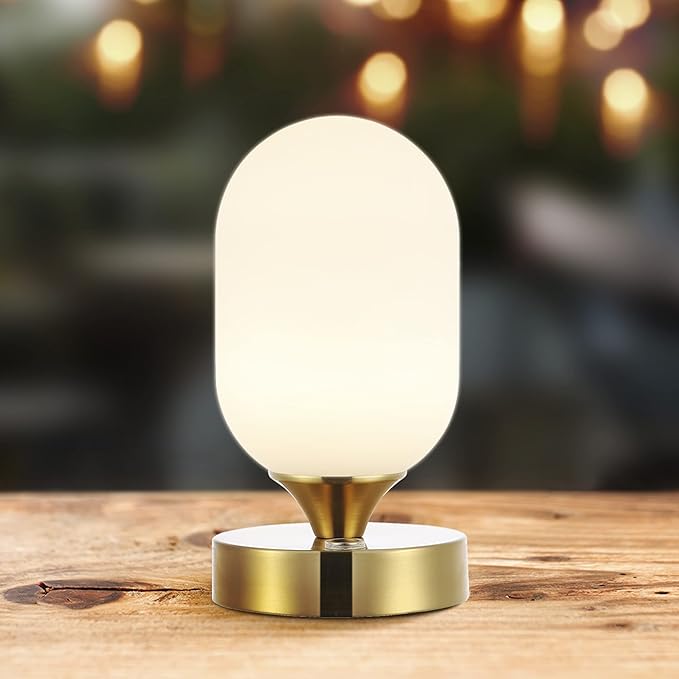 JONATHAN Y 8" Brass Gold/White Modern Rechargeable Integrated LED Table Lamp, Portable Cordless Accent Light with White Frosted Glass Shade, Dimmable Touch Sensor (JYL7111C)