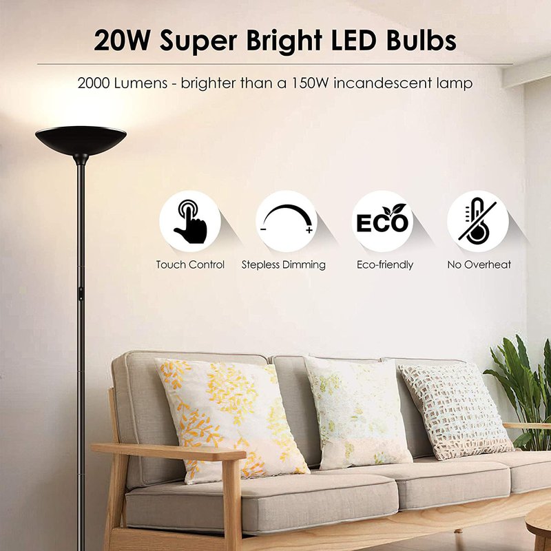 BoostArea Floor Lamp/Standing Lamp, 20W 2000LM LED Torchiere Lamp, Stepless Dimmable, Touch Control, 3000K Daylight, 50000hrs Lifespan for Living Room, Bedroom