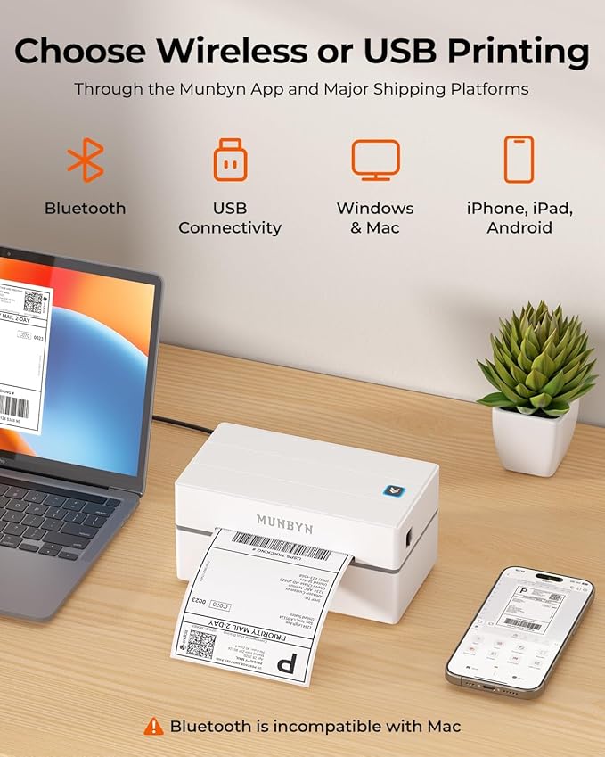 MUNBYN 130B Bluetooth Thermal Label Printer+4x6 Inch Direct Thermal Labels, 1000 Labels/2 Stacks+2 in 1 External Rolls Label Holder
