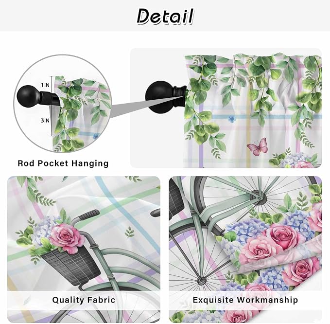 Spring Kitchen Curtains, Bicycles Botanical Leaves Rose Colorful Stripes Light