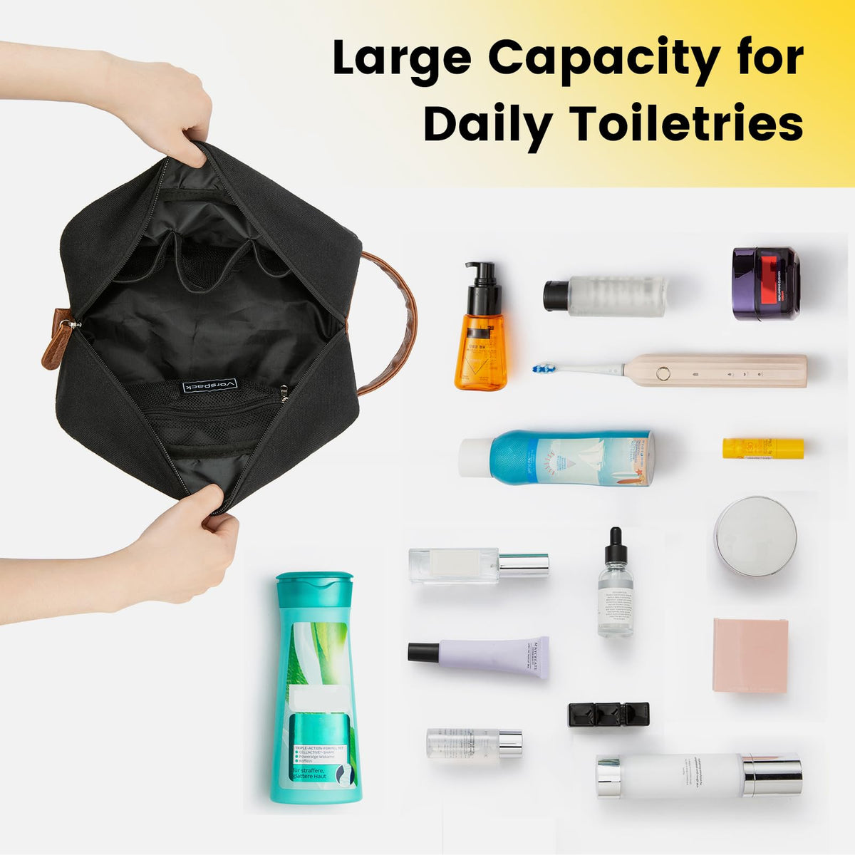 Vorspack Travel Toiletry Bag - Hanging Toiletry Bag for Men Water Resistant Canvas Shaving Bag with Large Capacity for Travel - Black
