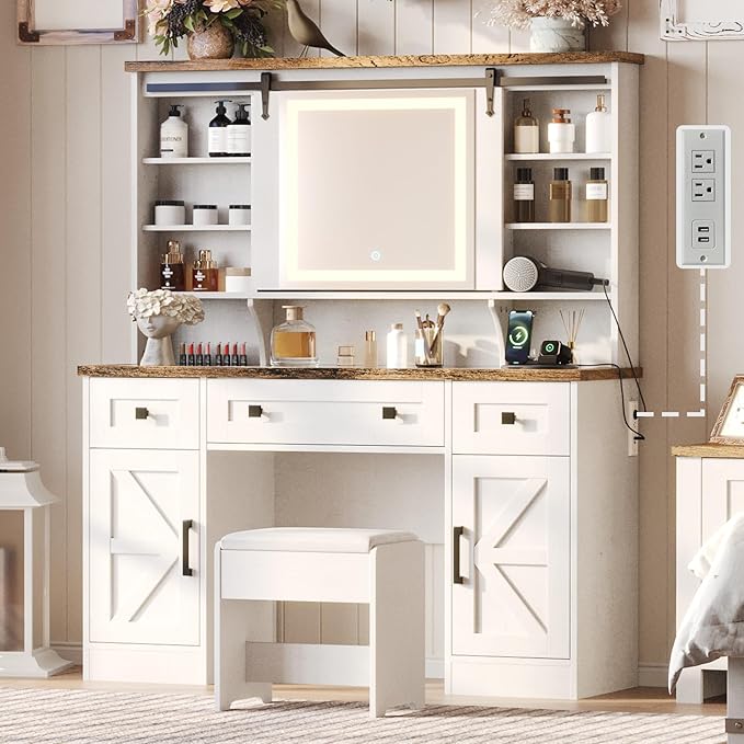 Farmhouse Makeup Vanity Desk with Sliding Mirror and Lights, 47'' Glass Tabletop Vanity Table with Charging Station, Large Vanity Set with Drawers, Stool, Barn Door Dressing Cabinets, White