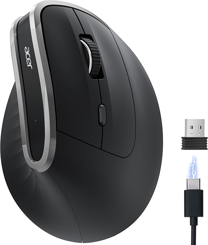 acer Ergonomic Mouse Wireless, Vertical Computer Mouse for Office, Ergo Mice Rechargeable for Medium to Large Sized Hands, 2.4GHz USB Receiver, 800/1200/1600 DPI, 6 Buttons for Laptop, PC and Desktop