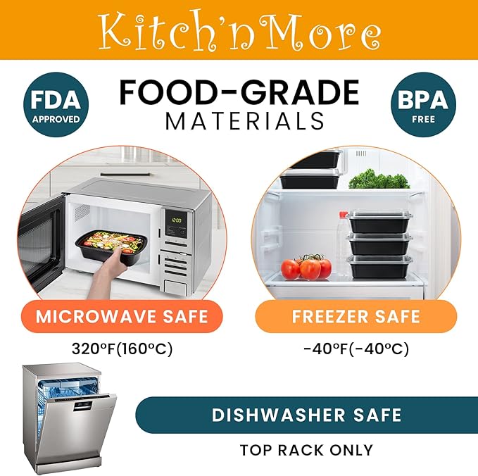 Kitch’nMore 38oz Meal Prep Containers, Extra Large &Thick Food Storage Containers with Lids, Reusable Plastic,Disposable Bento Box,Stackable,Microwave/Freezer/Dishwasher Safe, BPA Free (30Pack)