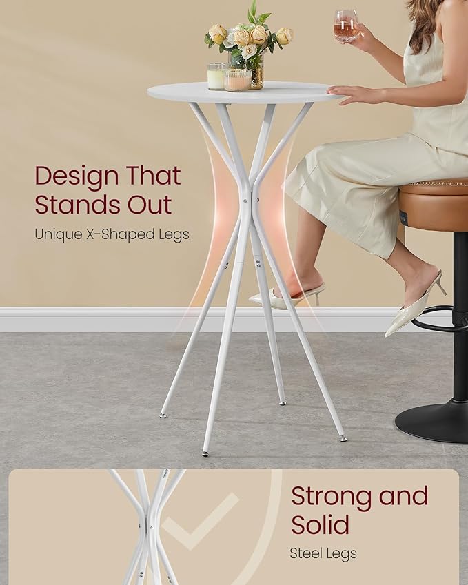 VASAGLE Bar Table, Round Cocktail High Top Pub Bistro Table for Party, Kitchen Dining, Home Bar, 23.6 x 23.6 x 41.3 Inches, Metal Frame, Modern Style, Easy to Assemble, Cloud White and Matte White