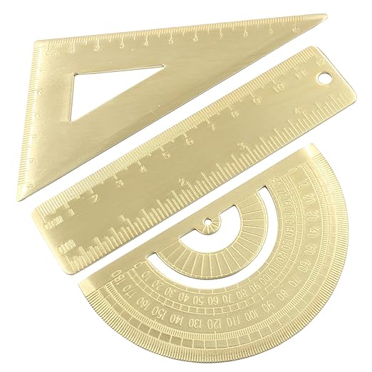 Brass Mini Ruler Set,Triangle Ruler & Protractor & 4 inch Straight Ruler,Drafting Ruler Set for Measuring, Drawing, Learning Math Geometry (3 Pack)