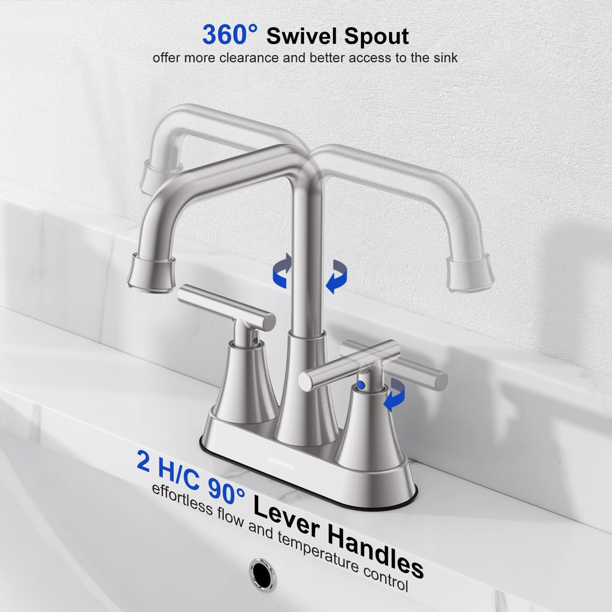Hurran Brushed Nickel 4 inch Centerset Bathroom Faucet for Sink 2-3 Hole
