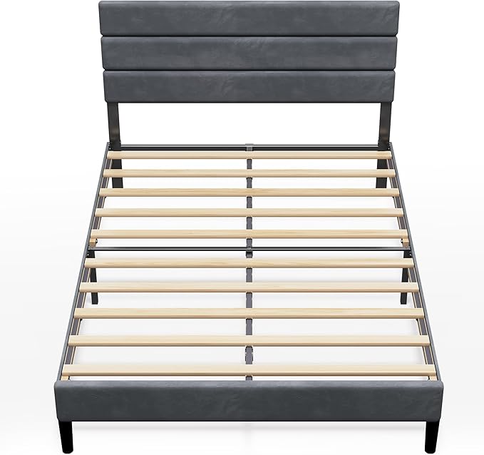 WLIVE Full Size Upholstered Bed Frame, Velvet Square Tufted Headboard,Sturdy Metal & Wooden Slats Support, No Box Spring Needed, Light Grey
