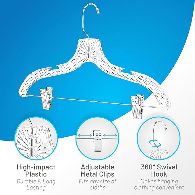 Clothes Hangers with Clips Plastic Set of 25 Pack Heavy Duty Hangers Dresses, T-Shirts Shirt Suit Hangers for Closet Organization Crystal Clear Hanger Pants Skirt Hanger Women and Men
