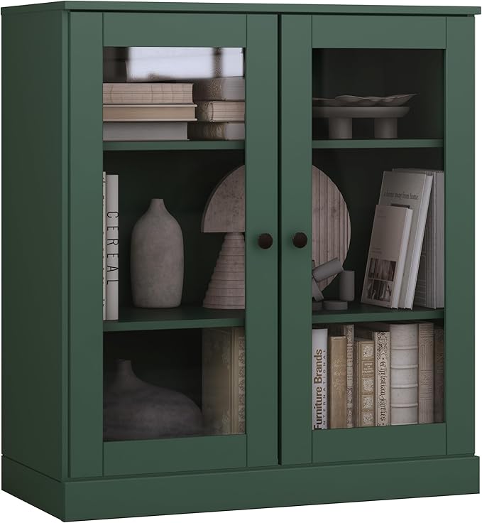 Palace Imports Solid Wood Bookcase - Floor Standing Bookshelf - 32” W - Display Furniture, Renewable 100% Eco-Friendly Wood, Made in Brazil (Green, Clear Glass Doors | 3-Shelf Short Bookcase)