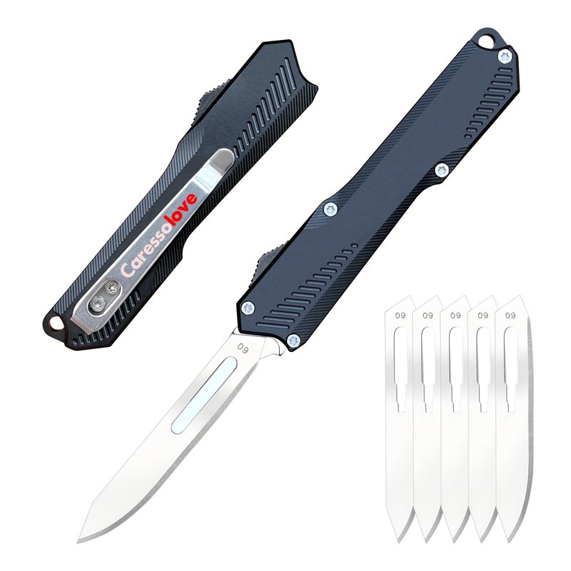 Caressolove Automatic Scalpel Pocket Knife For Daily Tasks, Small Auto Retractable Knife Push Button, 5PCS #60 Mini Razor Blades Utility Knife, EDC Replaceable Blade Box Cutter with Clip