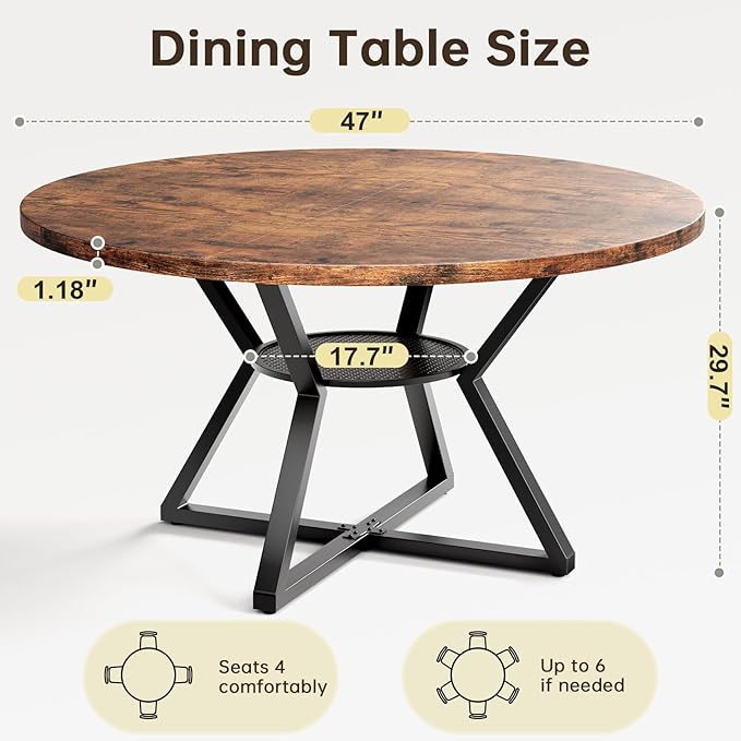 Concho 47" Round Kitchen Dining Room Table for 4-6,Circle Dining Dinner Table with Pedestal Metal Frame,Space Saving Wood Kitchen & Dining Room Furniture, Rustic Brown
