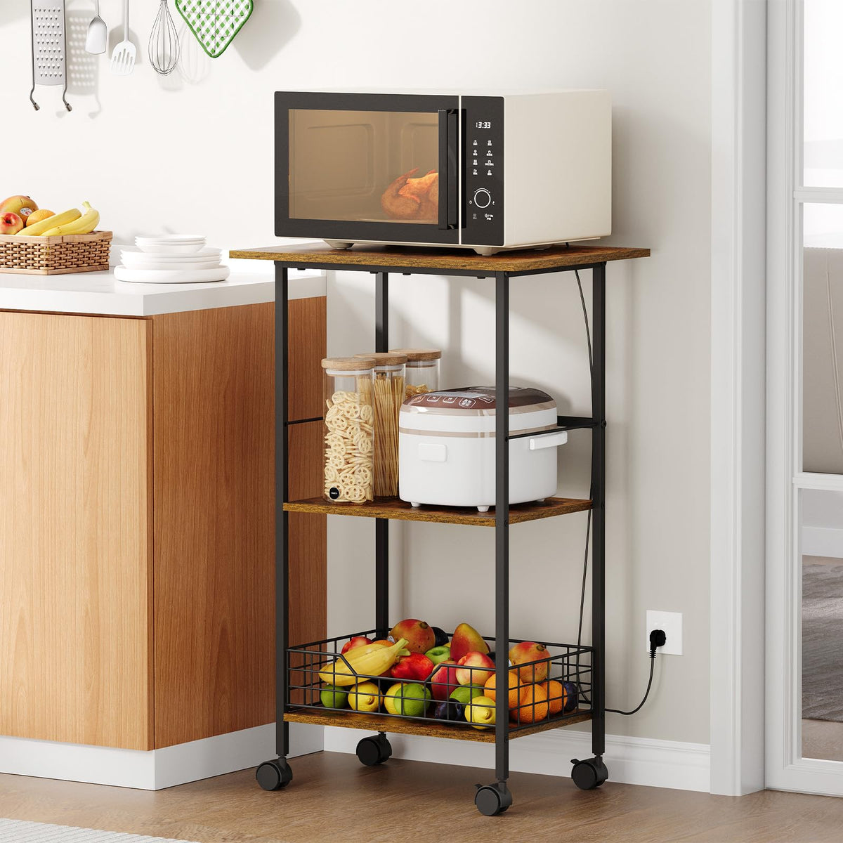 Microwave Cart with Storage, 3-Tier Rolling Kitchen Stand with Wire Basket, Wood and Metal Utility Cart on Wheels, Coffee Bar Station, Small Baker’s Rack As Kitchen Island, Microwave Shelf Organizer