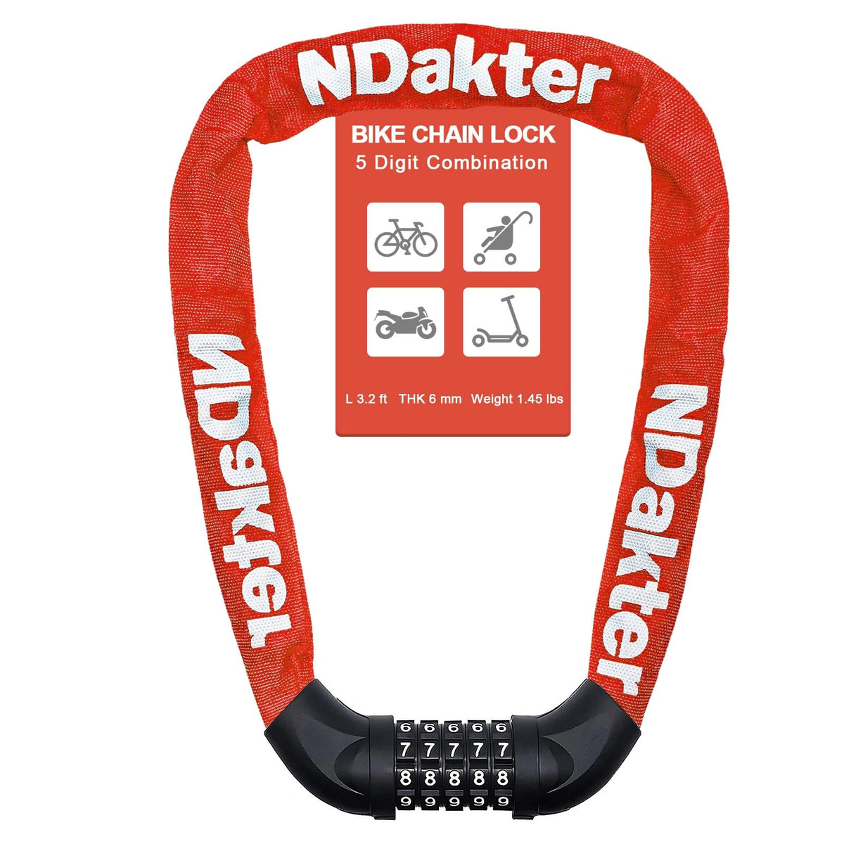 NDakter Bike Chain Lock, 5 Digit Combination Heavy Duty Anti Theft Bicycle Chain Lock,2.62/3.2/4.27/5/6Ft Long Security Resettable Bike Locks for Bike, Bicycle, Scooter, Door, Gate, Fence-4/6mm Thick