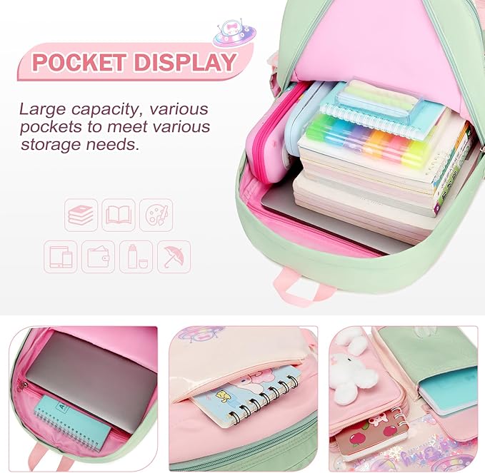 Girls Backpack Set, 3PCS School Backpack for Girls, Kawaii Bunny Kids Backpacks for Girl Kindergarten Elementary School Preschool Travel Daycare Bookbag with Lunch Box Pencil Box Green