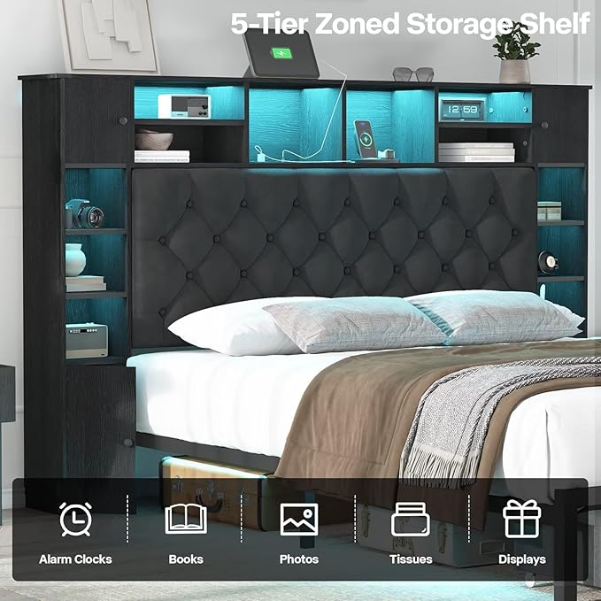Queen Bed Frame with Bookcase Headboard and Storage Drawers, 51.2" Metal Platform Queen Size Bed Frame with Charging Station and LED Lights, Velvet Upholstered Tufted Bed Frames, Black