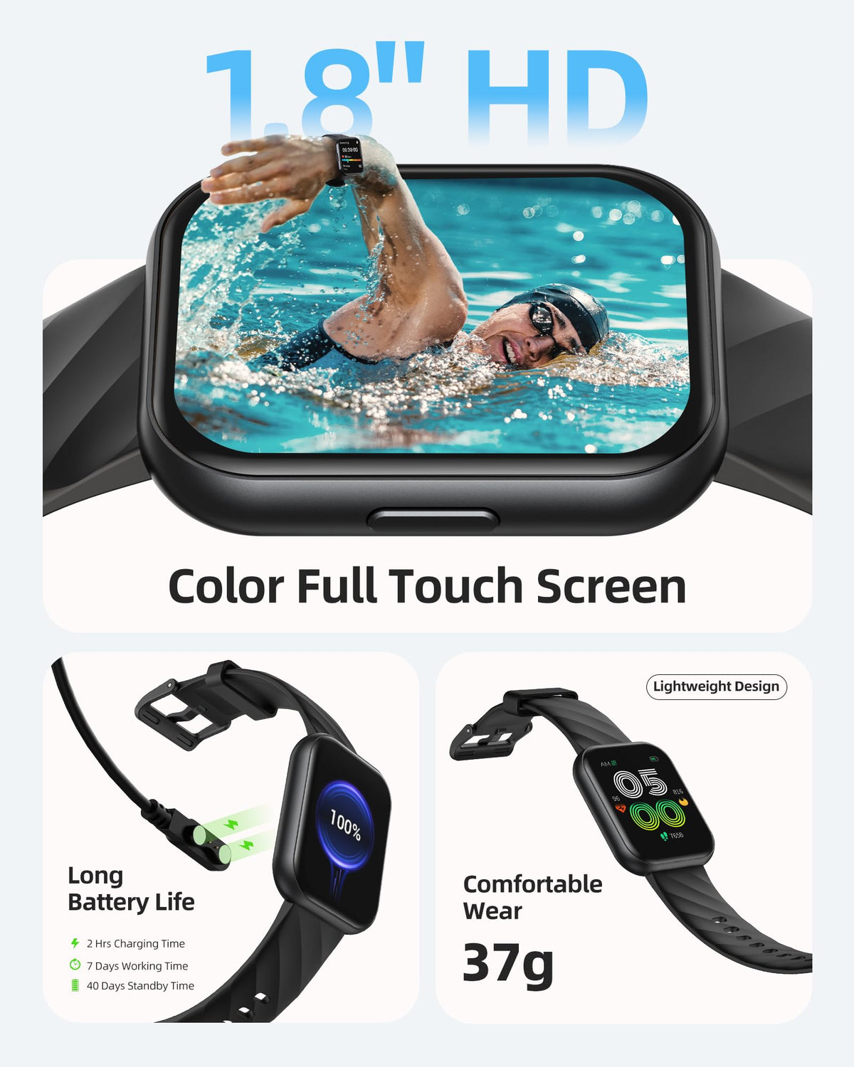 Parsonver Smart Watch, 5ATM Waterproof Watch for Swimming, Fitness Activity Tracker with 110+ Sports Modes, Heart Rate/Sleep/SpO2/Calories Monitor, Pedometer, Fitness Watch for Android & iPhone, Black