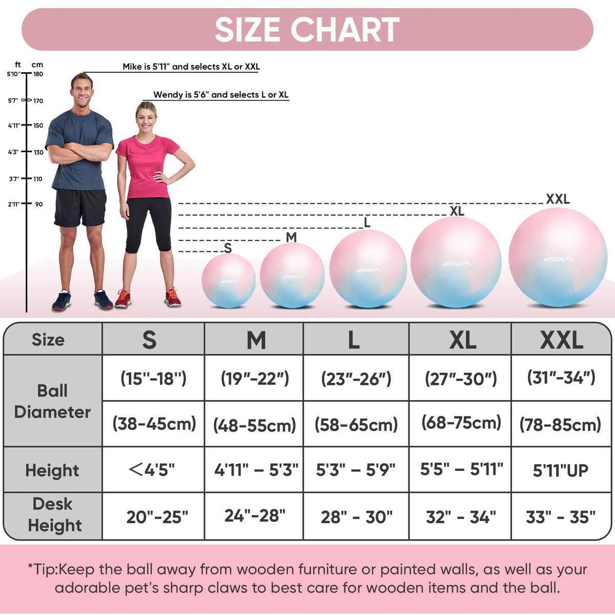 APEXUP Yoga Ball, 660 lbs Anti-Burst Exercise Ball with Pump, 5 Sizes (XL(27"~30") 75cm, Blue Pink)