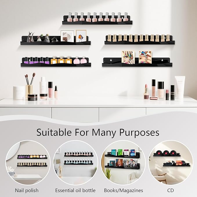 6 Pack Wall Mounted Acrylic Nail Polish Organizer Rack 15 Inch Black Nail Polish Shelf with Removable Ends Multi-Purpose Shelf for Essential Oils Cosmetics Storage Display for Salon Bathroom
