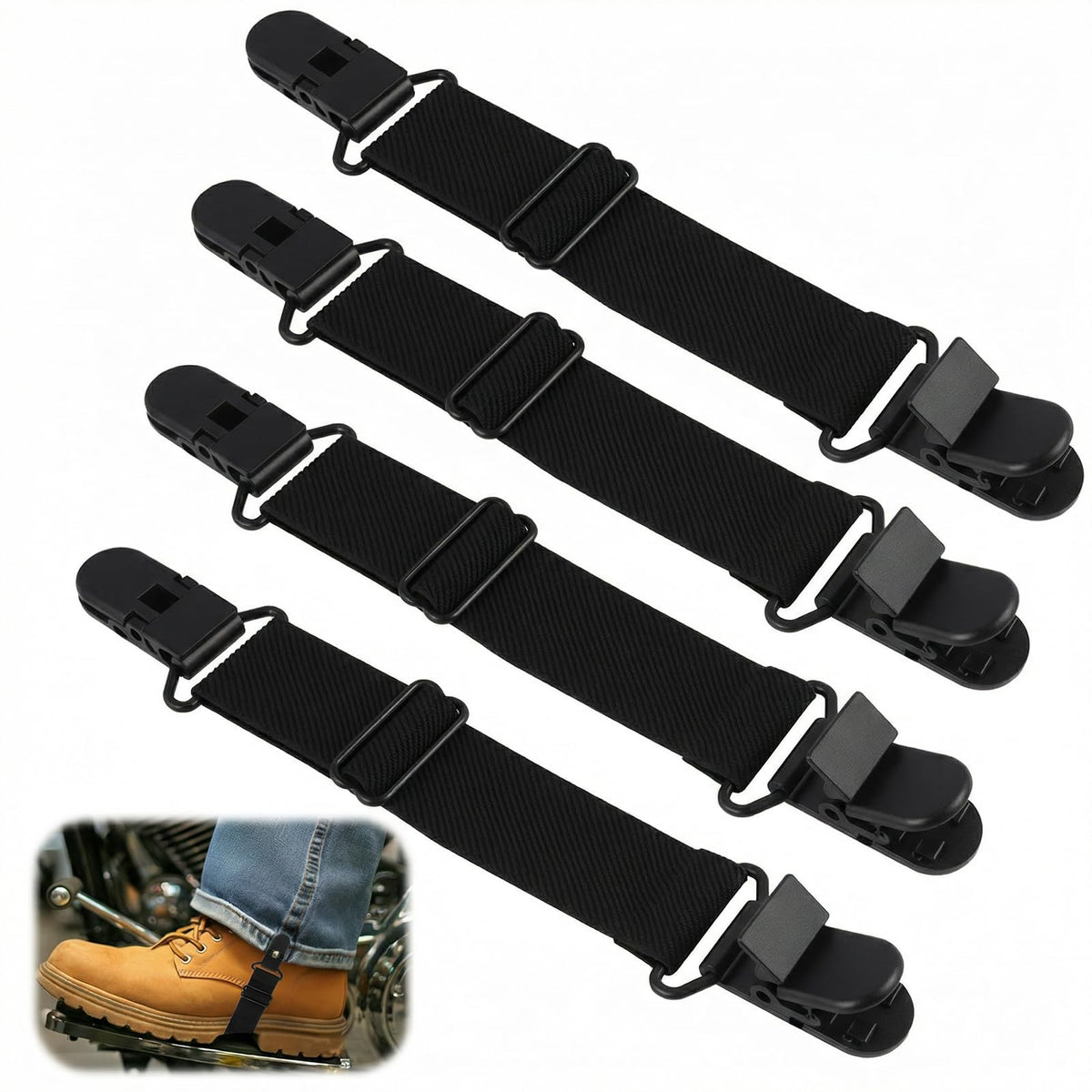 RJLCTH 4 Pcs Adjustable Motorcycle Boot Straps, Black Cowboy Boot Straps with Clips for Jeans, Mules Clogs Footbed Cork Platform Slipper Suede Leather Mules Shoes Potato Boot Sandals