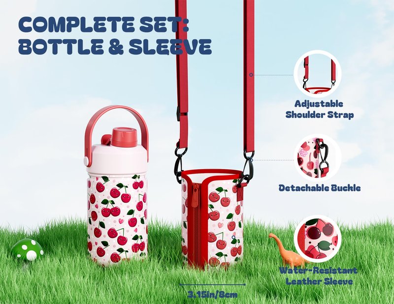 12 oz Kids Water Bottle for Girls: Leakproof, Durable Straw Spout Lid, 24H Cold, with Leather Sleeve, Easy Carry, Insulated Stainless Steel Cup for School, Travel, Camping, Daily (Giggly Cherry)