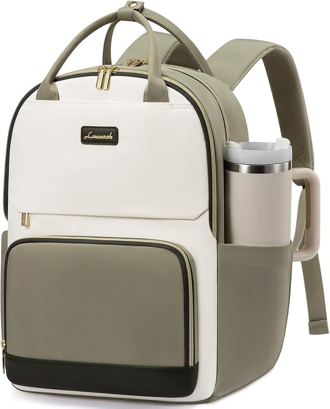LOVEVOOK Laptop Backpack for Women with Giant Tumbler Holder Pocket, 15.6 inch Travel Work Backpack Purse for Teacher Nurse, Waterproof College Book Bag Cute Casual Daypack, Beige-Green