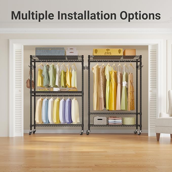 VIPEK R2 Plus Heavy Duty Rolling Garment Rack 3 Tiers Adjustable Wire Shelving Clothes Rack with Double Rods and Side Hooks, Freestanding Wardrobe Storage Rack Metal Clothing Rack, Black