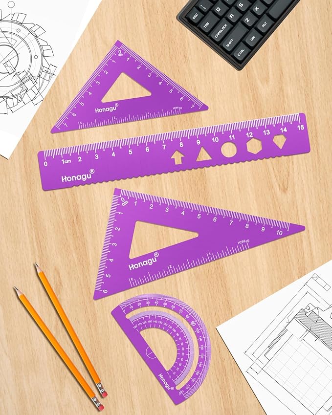 Honagu Triangular Ruler Set, 4 Pieces Aluminum Alloy Ruler, Metal Drafting Ruler, Geometric Protractor for Students,Teacher, Draftsmen, Engineers,Gift Stocking Stuffers for Kids(15cm/5.9inch, Purple)