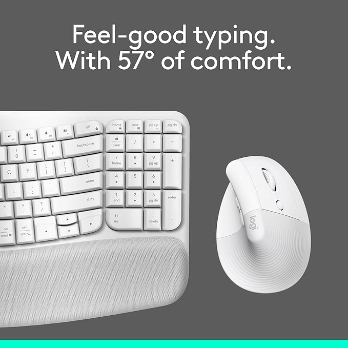 Logitech Wave Keys & Lift Vertical Mouse - Ergonomic Wireless Keyboard and Mouse Combo - with Cushioned Palm Rest, Easy-Switch, Bluetooth, for Multi-OS, Windows/Mac - Off-White