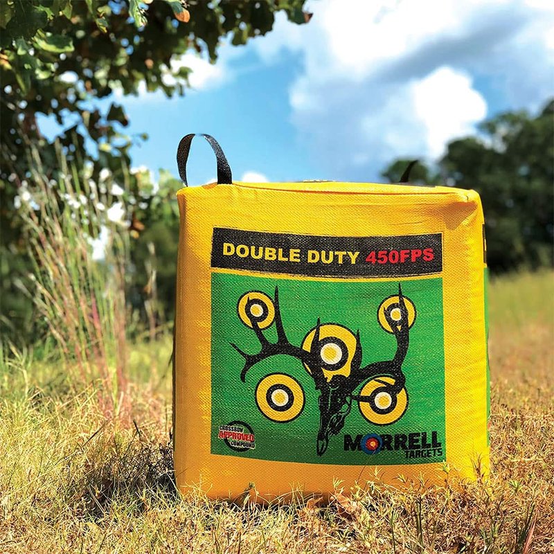 Morrell Double Duty 450 FPS Cube Field Point Archery Bag Target with Traditional Bullseyes, Nine-Ball, Dartboard Game, and Deer Vitals, Yellow