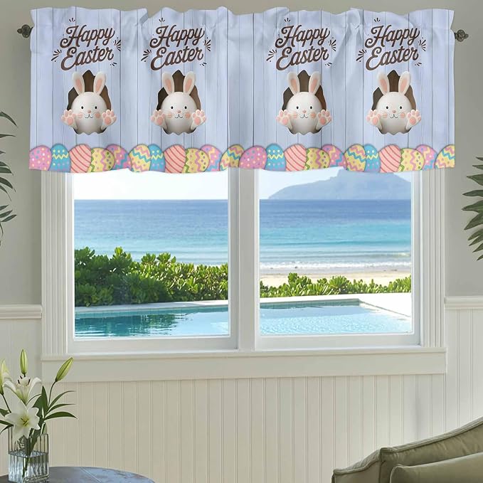 Blue Easter Curtain Valances for Windows, Kitchen Valance Window Treatment