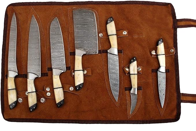 GladiatorsGuild G26- Professional Kitchen Knives Custom Made Damascus Steel 7 pcs of Professional Utility Chef Kitchen Knife Set with Chopper/Cleaver White & Black
