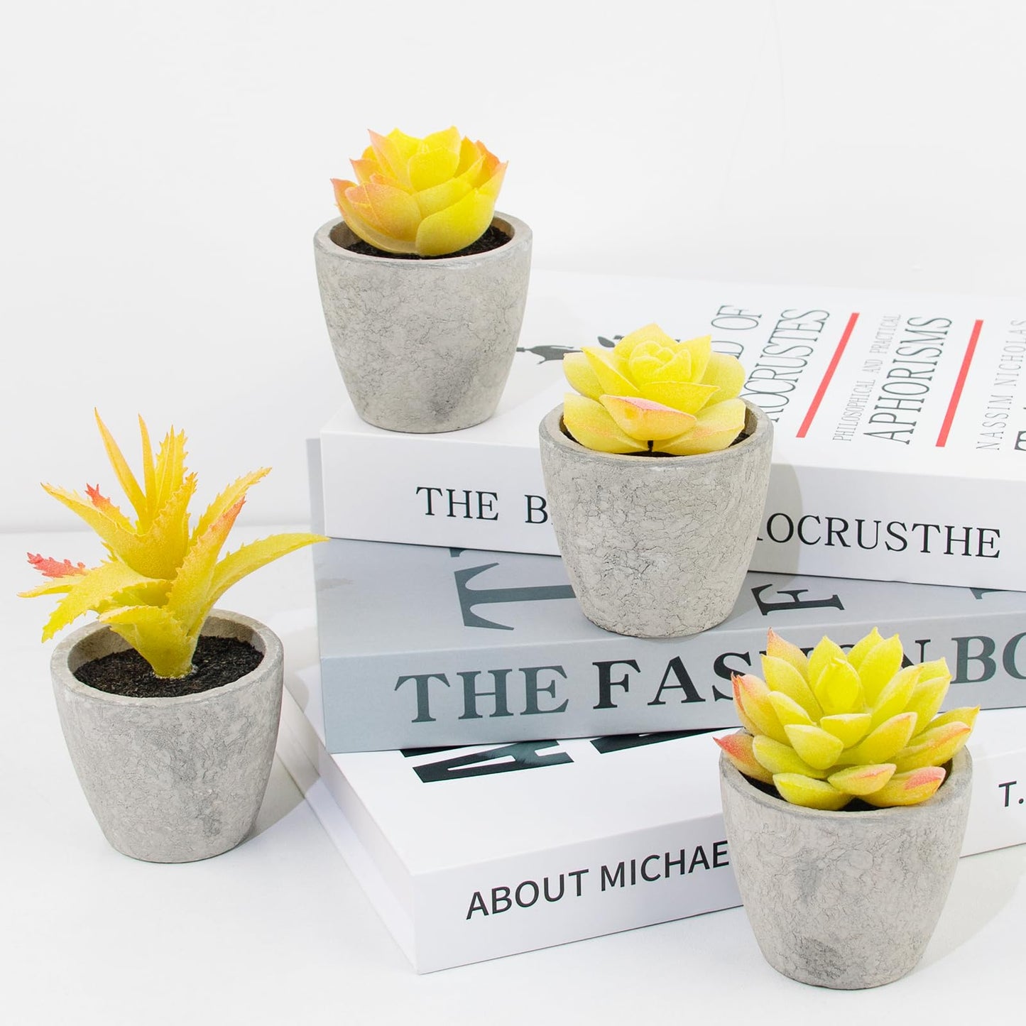 LUZOGA Set of 4 Yellow Fake Succulents, Artificial Small Succulents Plants, Mini Home Decor Small Fake Plants Decor for Office Table Bedroom Kitchen Desk Decor Bathroom Shelf Yellow Decor
