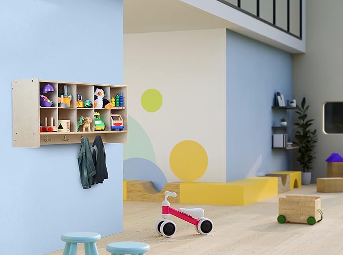 Cubby Storage Organizer Cubes, 10 Cubbies with Coat Hooks, Orange Plastic Bins, Hanging Wall Mount Cube Storage, Furniture for Kids Toys, Daycare, Classroom