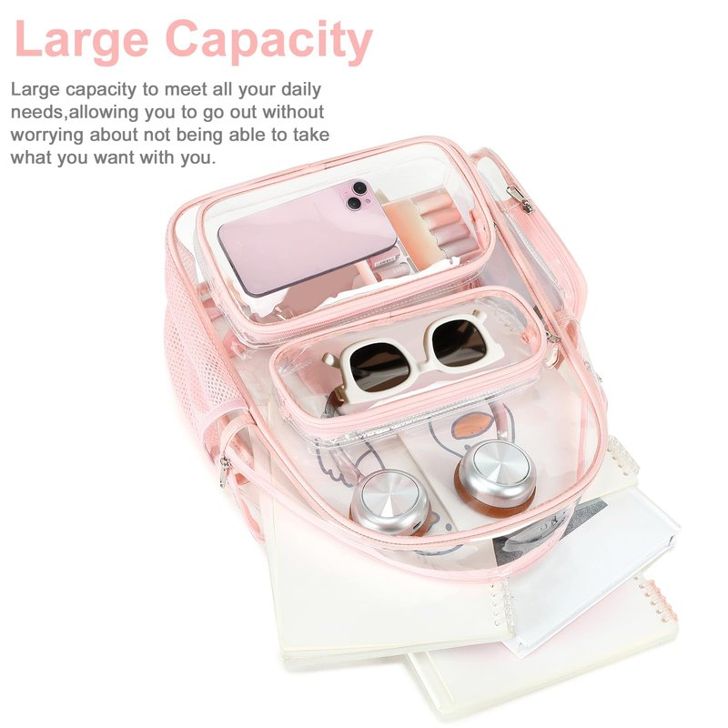 BTOOP Clear Backpack Heavy Duty Transparent Backpack 17" See Through Bookbag for College Work Festival Security Padded Strap (Pink)