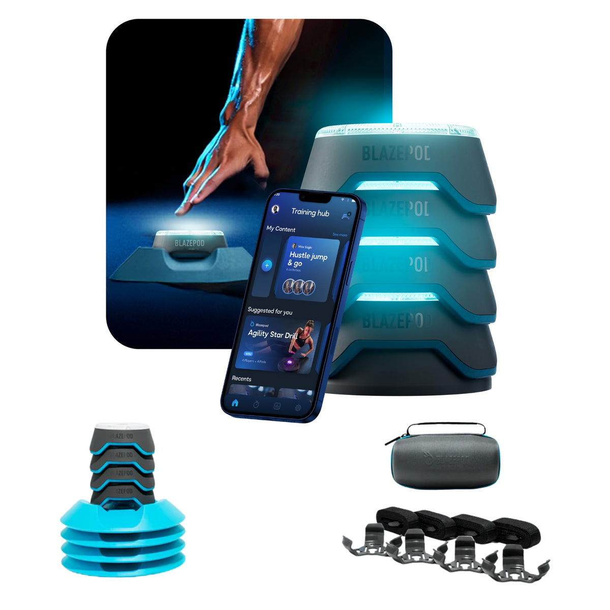 BlazePod Reaction Training Smart Pods for Speed, Agility & Cognitive Drills - Starter Bundle - App Access Included (4 Pods + 4 X Pod Bases, Functional Adaptors, Suction Cups, Straps)