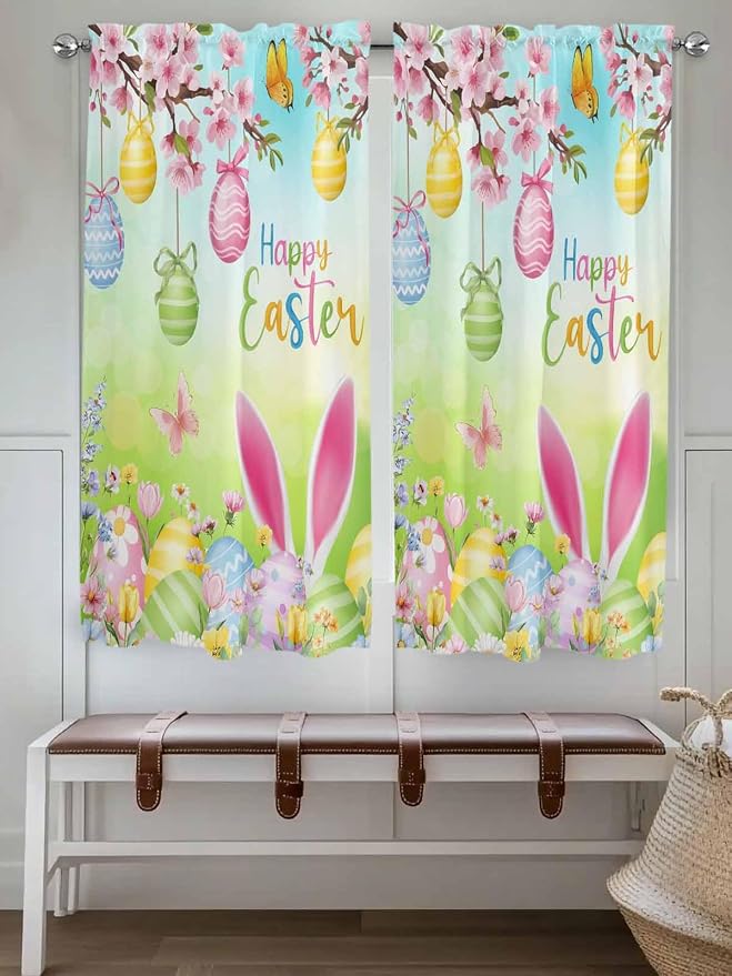 Easter Living Room Curtains 72 Inches length, Spring Bunny Colorful Rabbit Eggs