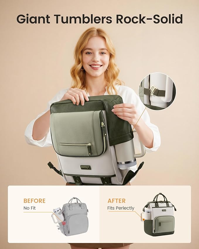 LOVEVOOK Laptop Backpack for Women with Giant Tumbler Holder,15.6 inch Professional Nurse Teacher Backpack Computer Laptop Bag,Cute Waterproof Travel Backpack Purse Work College Bag, Beige-Khaki