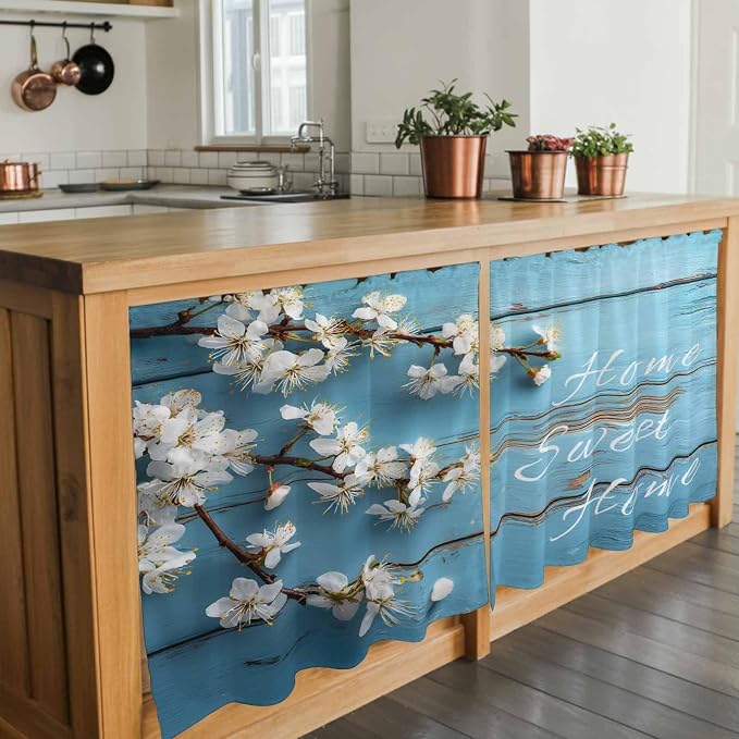 Farmhouse Wooden Grain Tier Curtains, Vintage Shabby Chic Flower Blue Light