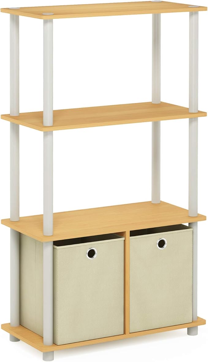 Furinno GO GREEN Storage Shelf, 4-Tier Storage Rack with Bins, Book Shelf, Display Rack, with Storage Bins, for Organization and Storage, Living Room, Home Office, Beech